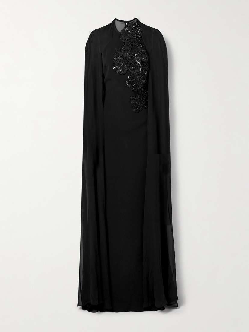 Elie Saab Cape-effect Embellished Silk-crepe And Silk-chiffon Gown