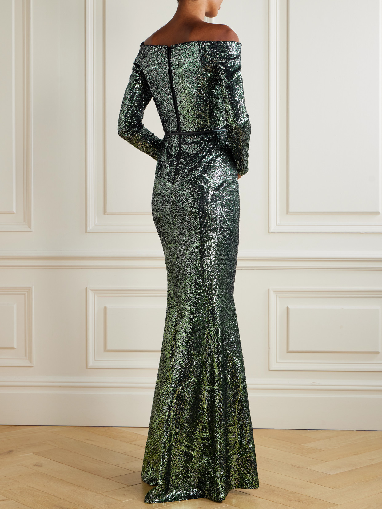 Elie Saab Off-the-shoulder Belted Sequined Silk-blend Gown In Green