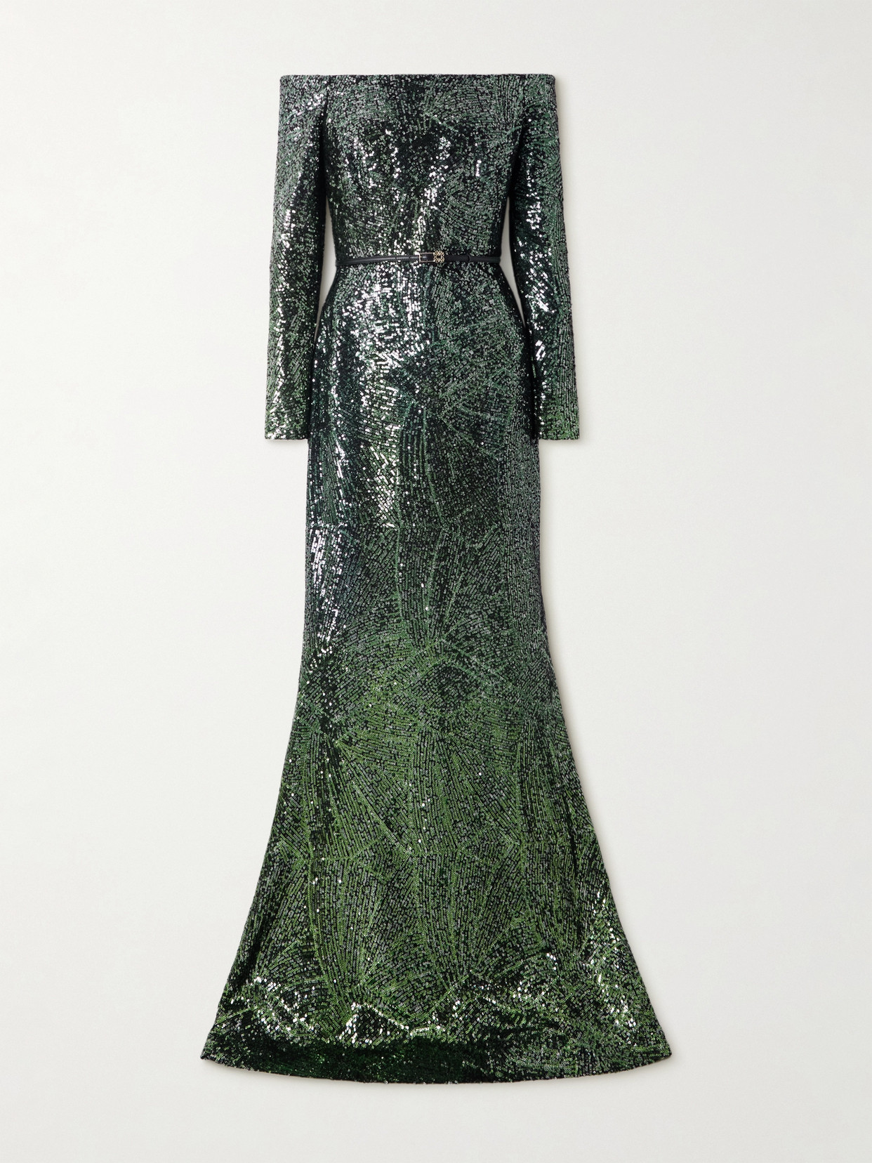 Elie Saab Off-the-shoulder Belted Sequined Silk-blend Gown In Green