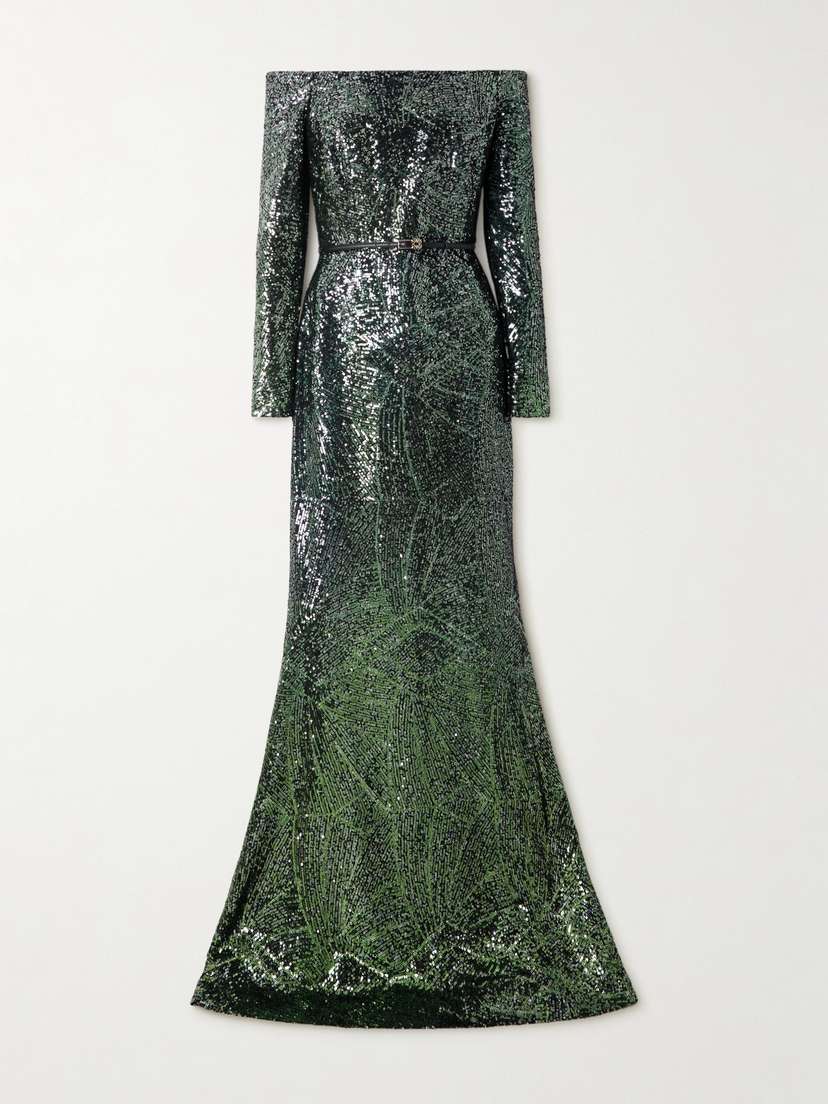 Elie Saab Off-the-shoulder Belted Sequined Silk-blend Gown