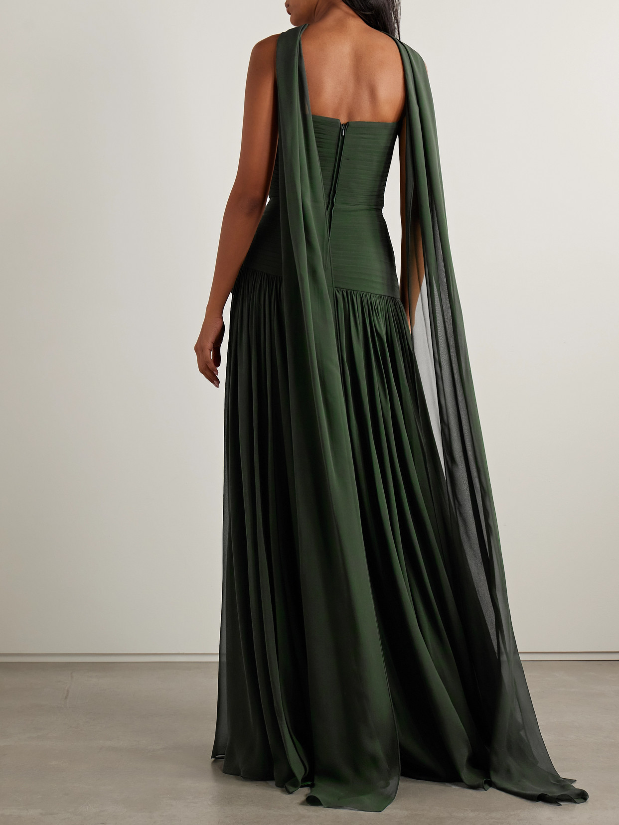 Elie Saab Scarf-detailed Pintucked Silk Crepe De Chine Gown In Green