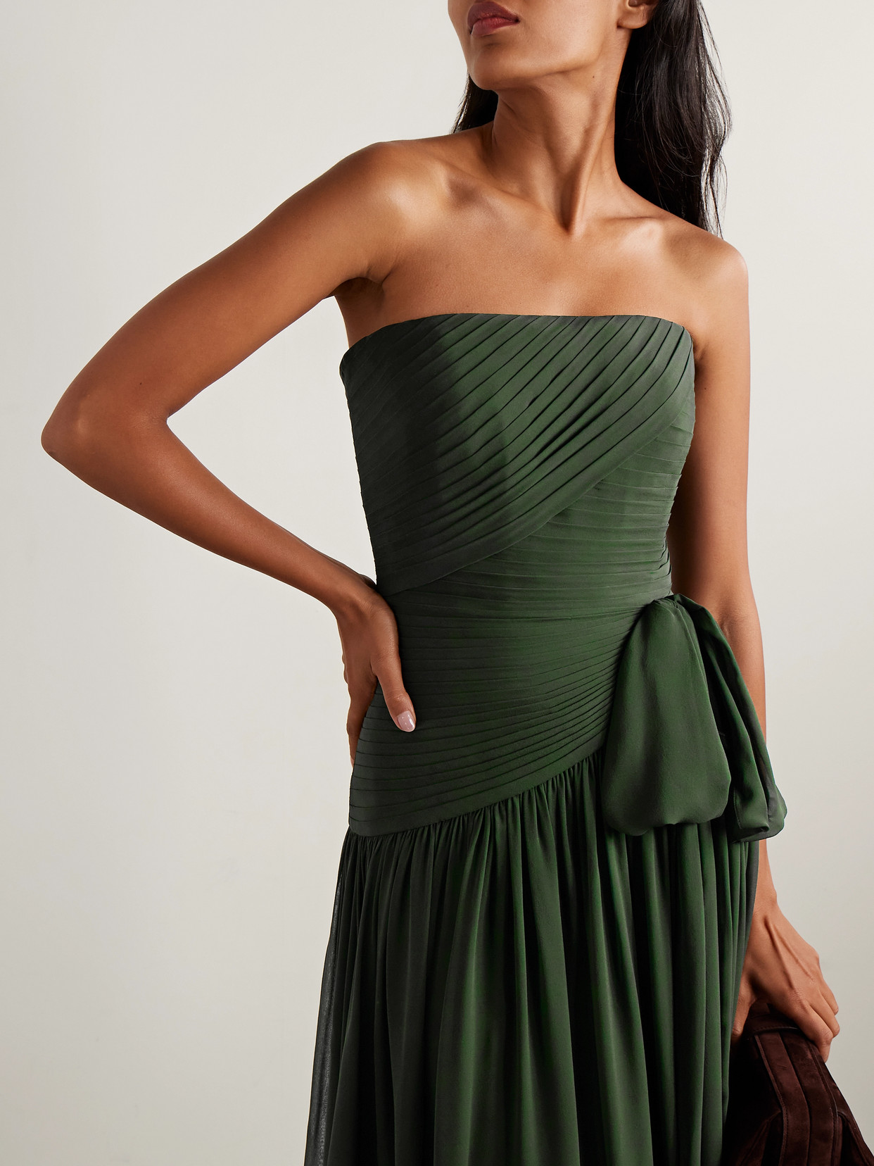 Elie Saab Scarf-detailed Pintucked Silk Crepe De Chine Gown In Green