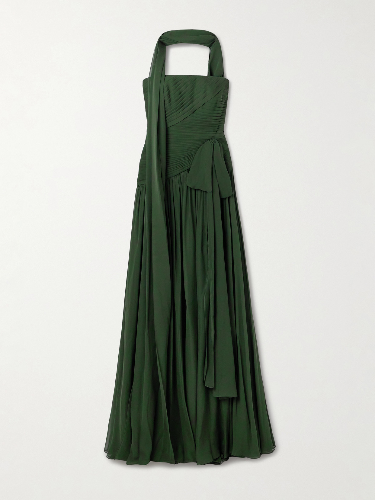 Elie Saab Scarf-detailed Pintucked Silk Crepe De Chine Gown In Green