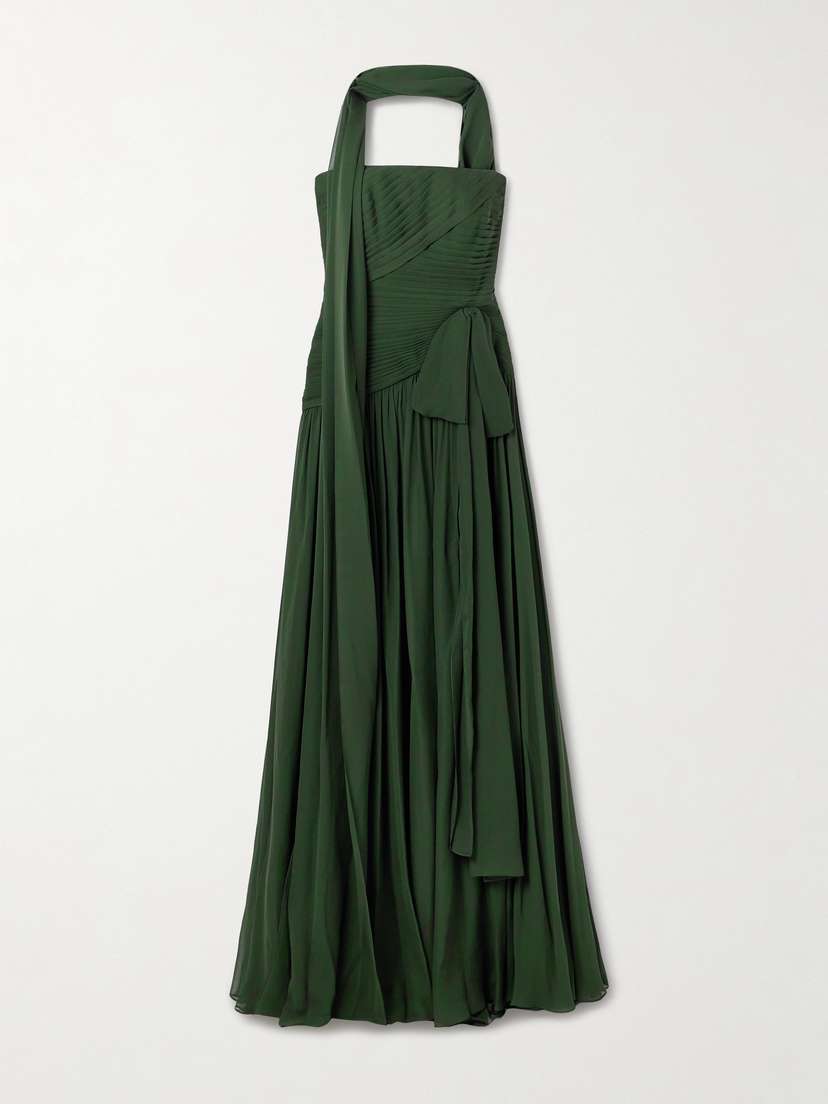 Elie Saab Scarf-detailed Pintucked Silk Crepe De Chine Gown