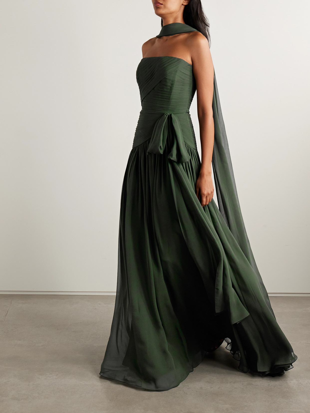 Elie Saab Scarf-detailed Pintucked Silk Crepe De Chine Gown In Green