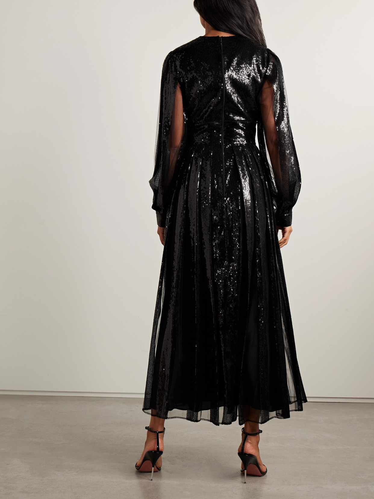 Elie Saab Sequined Tulle Midi Dress In Black