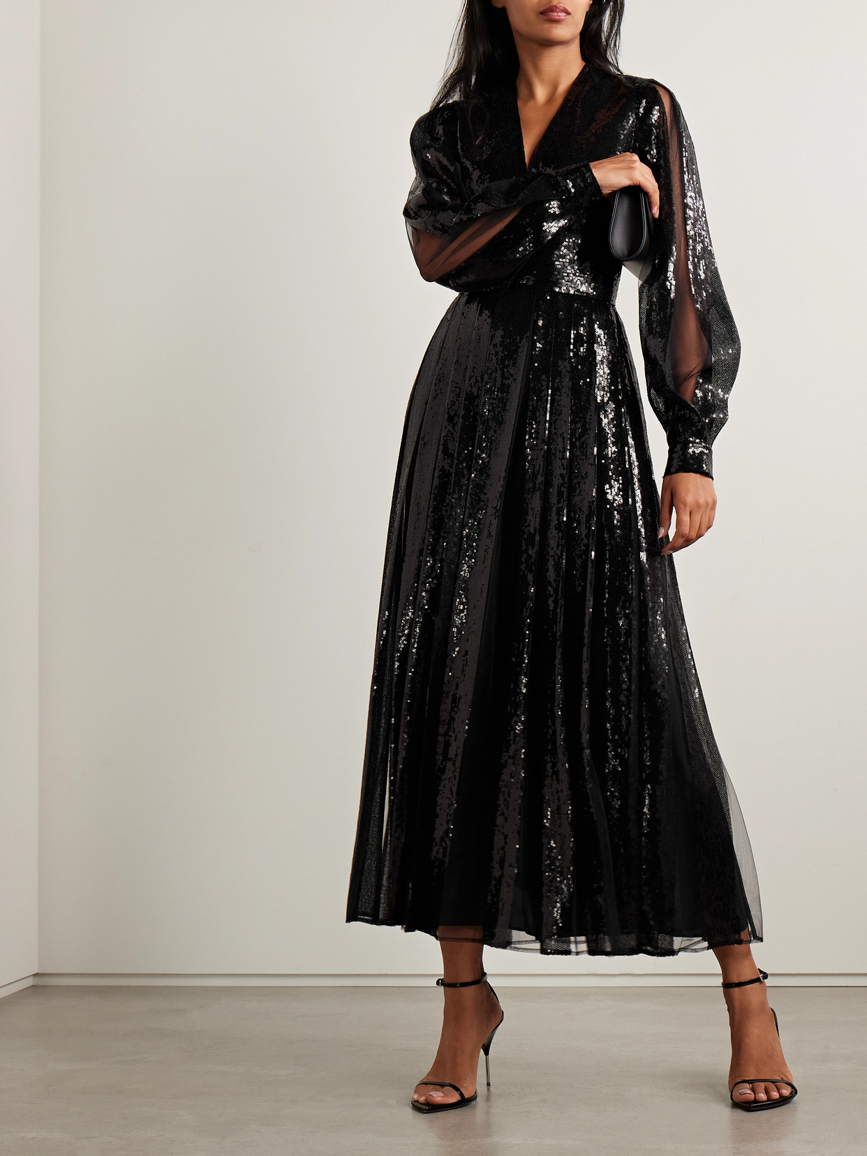 Elie Saab Sequined Tulle Midi Dress In Black