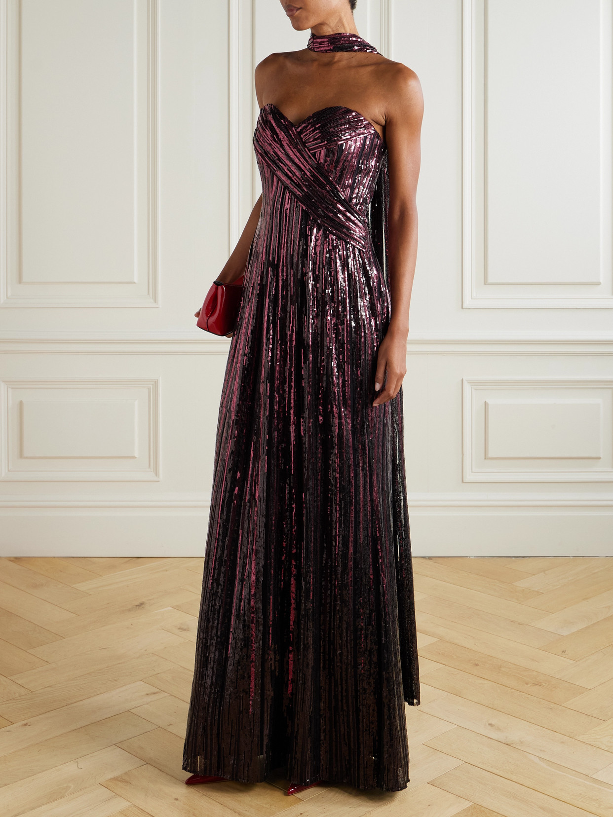 Elie Saab Strapless Scarf-detailed Sequined Tulle Gown In Burgundy