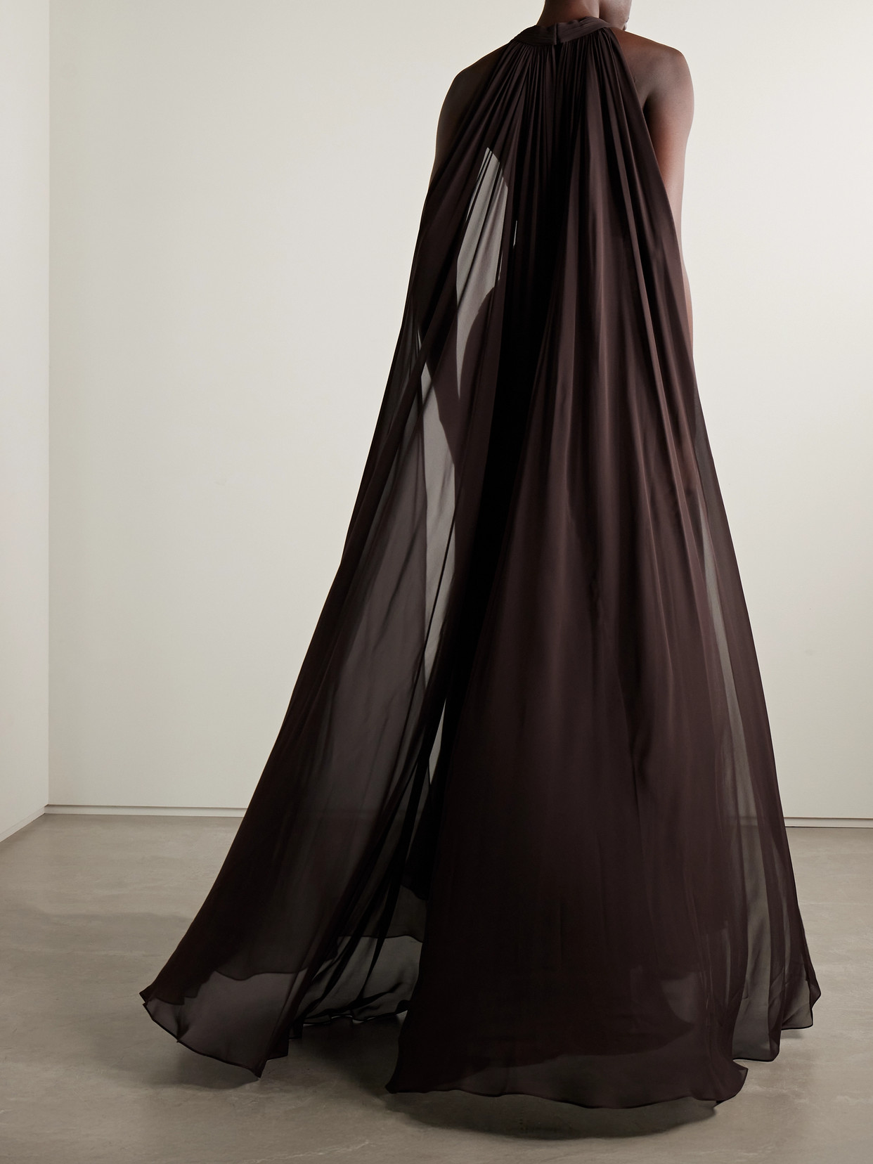 Elie Saab Cape-effect Gathered Silk-georgette Gown In Brown