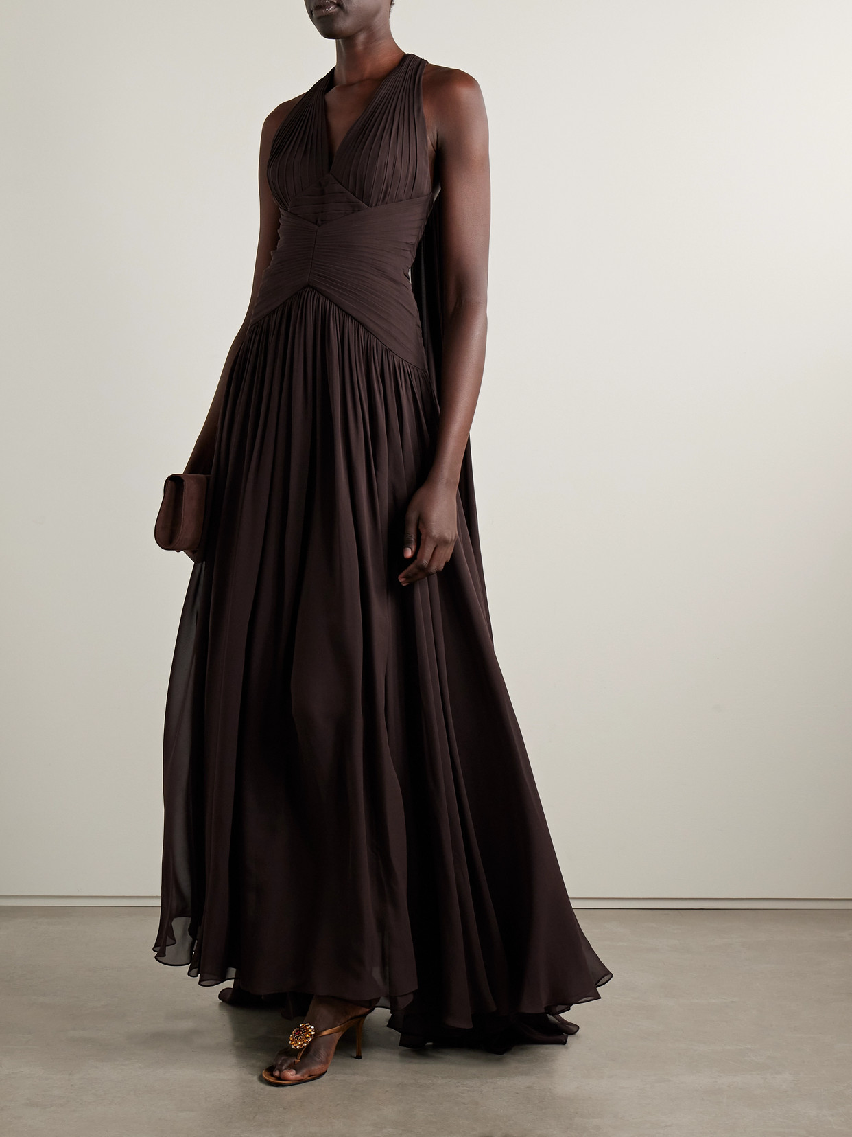 Elie Saab Cape-effect Gathered Silk-georgette Gown In Brown