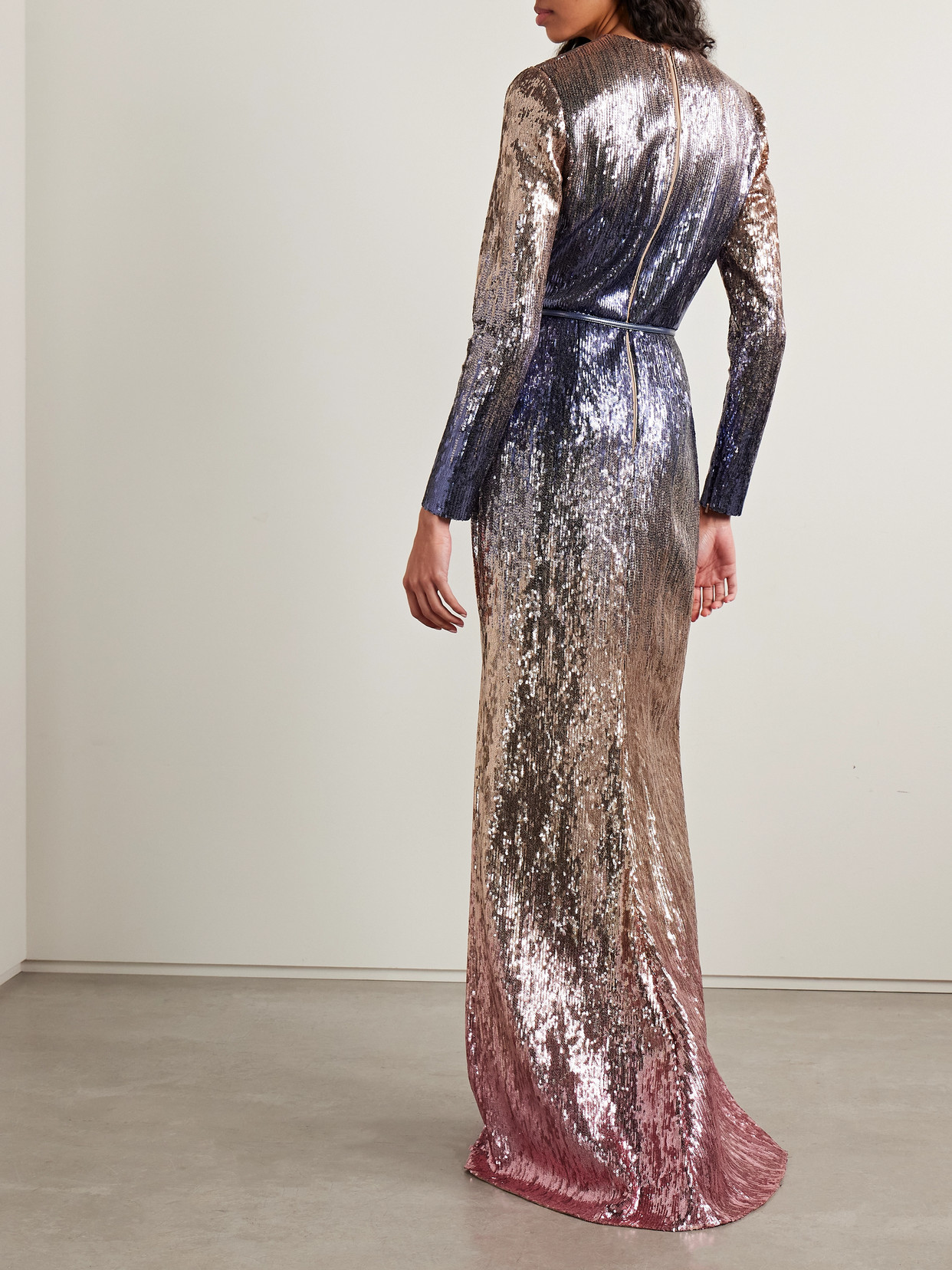 Elie Saab Ombré Sequined Belted Gown In Pink