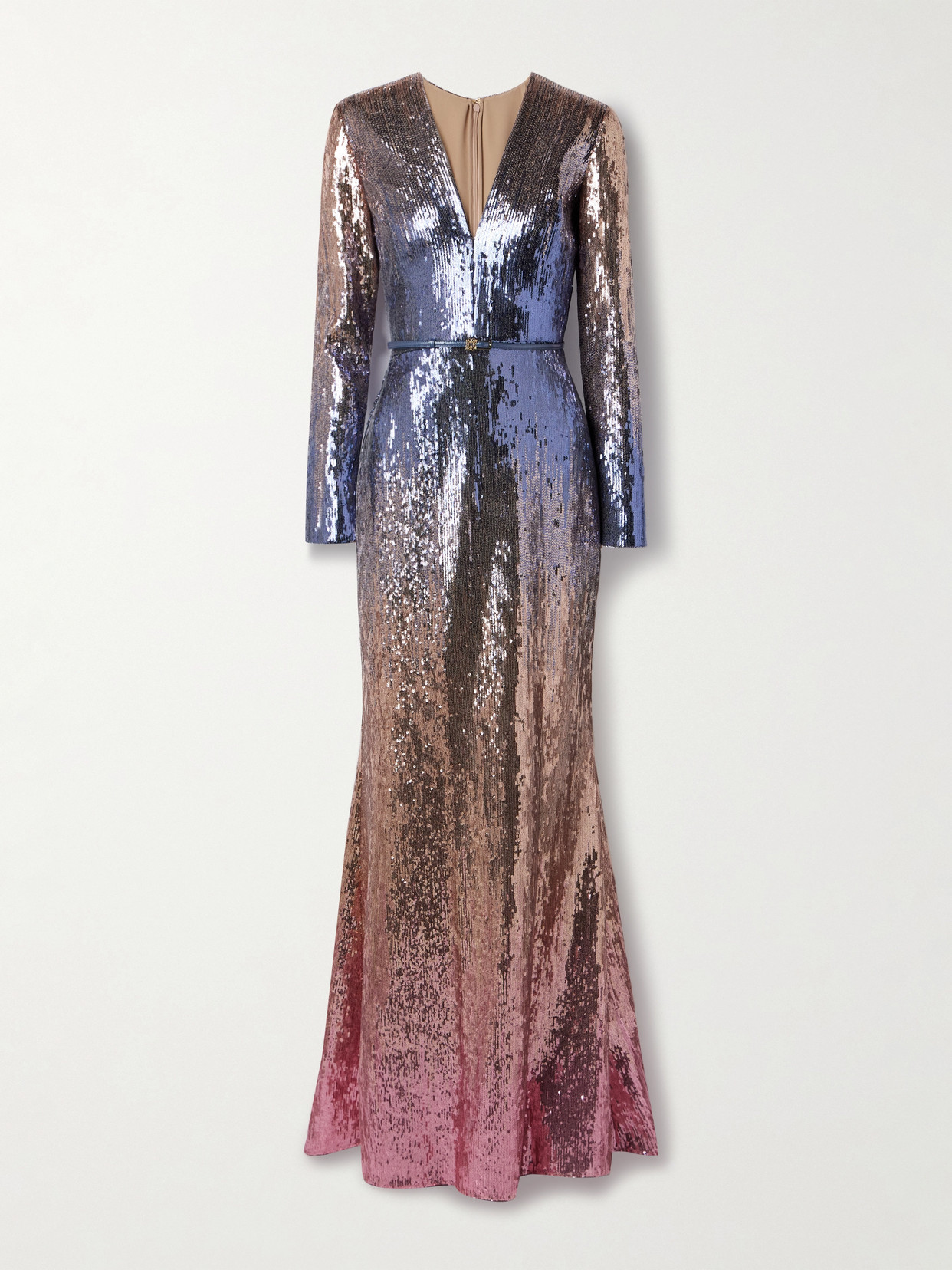Elie Saab Belted Ombré Sequined Tulle Gown In Pink