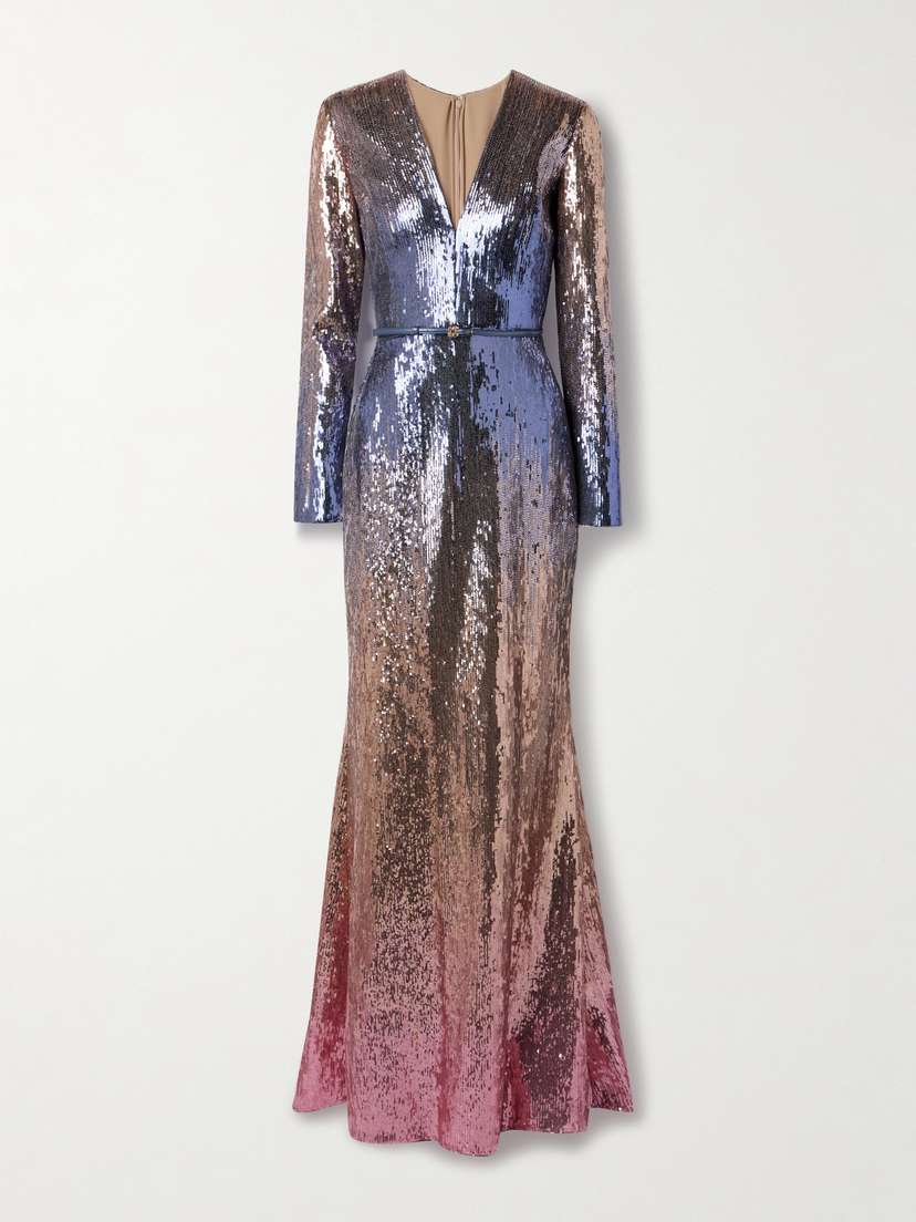 Elie Saab Belted Ombré Sequined Tulle Gown