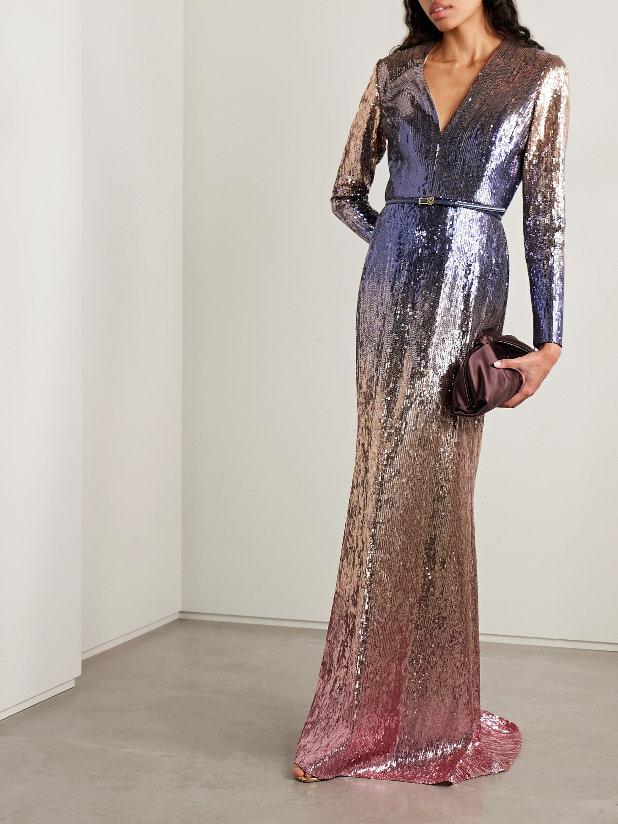 Elie Saab Ombré Sequined Belted Gown In Pink