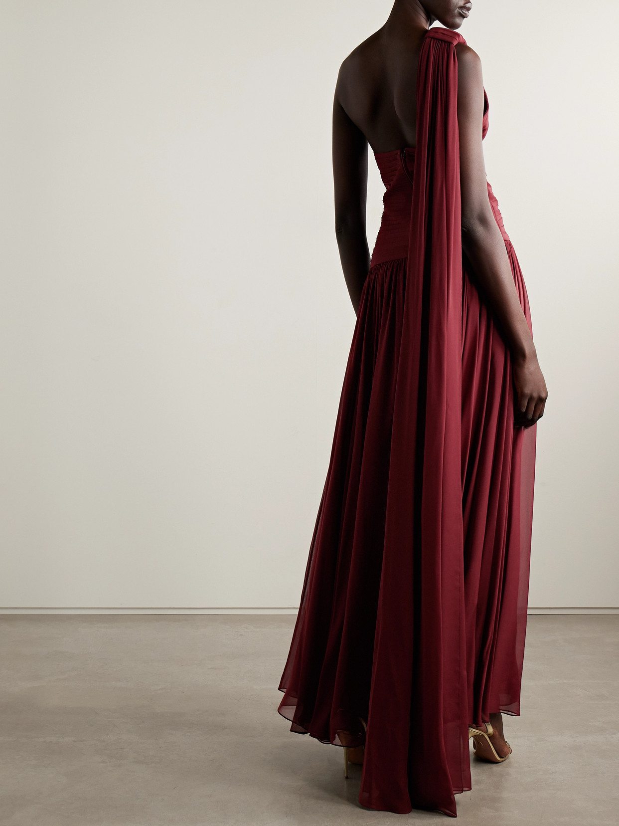 Elie Saab One-shoulder Draped Gathered Silk-georgette Gown In Red