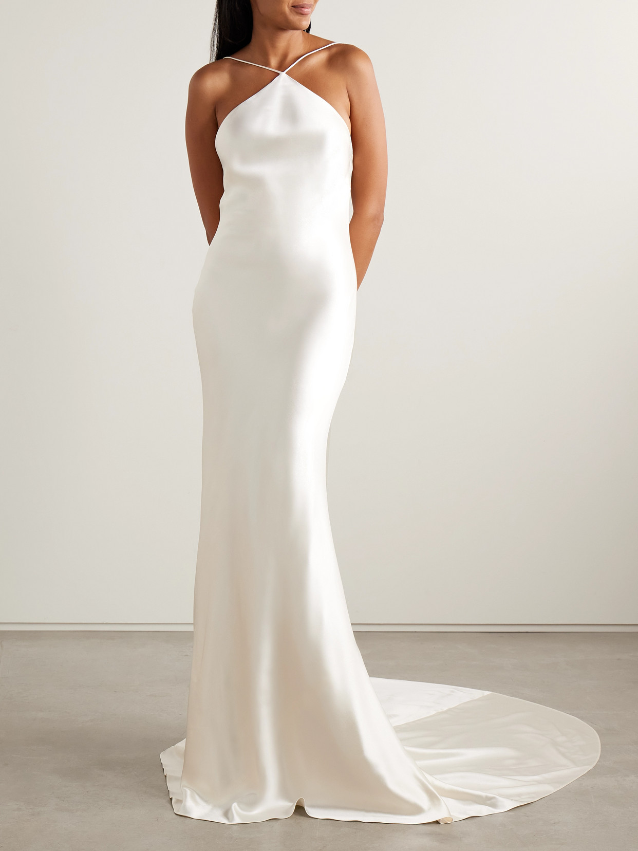 Danielle Frankel Mari Convertible Cape-effect Silk And Wool-blend Satin And Silk-crepon Gown In Neutral