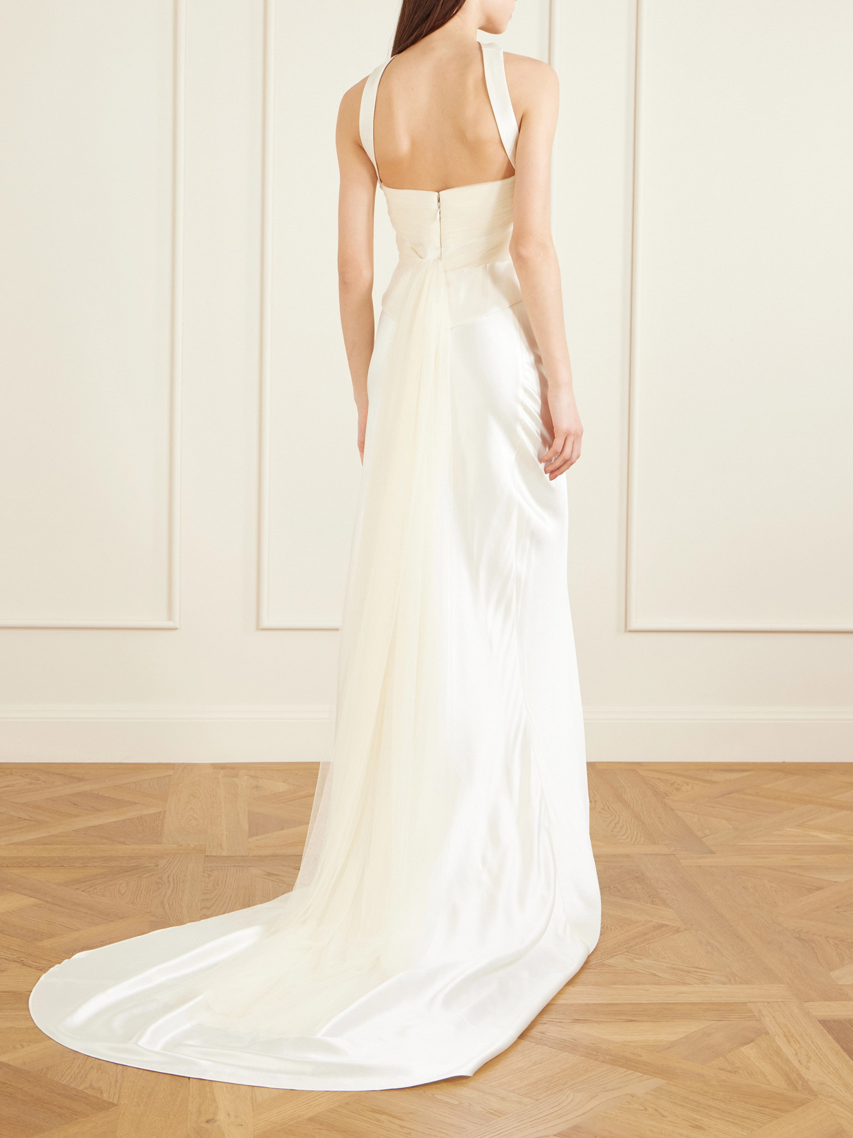 Viola Gathered Draped Tulle-Trimmed Wool And Silk-Blend Twill Top