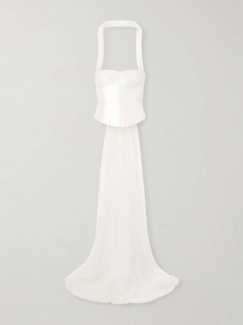 Danielle Frankel Viola Gathered Draped Tulle-trimmed Wool And Silk-blend Twill Top
