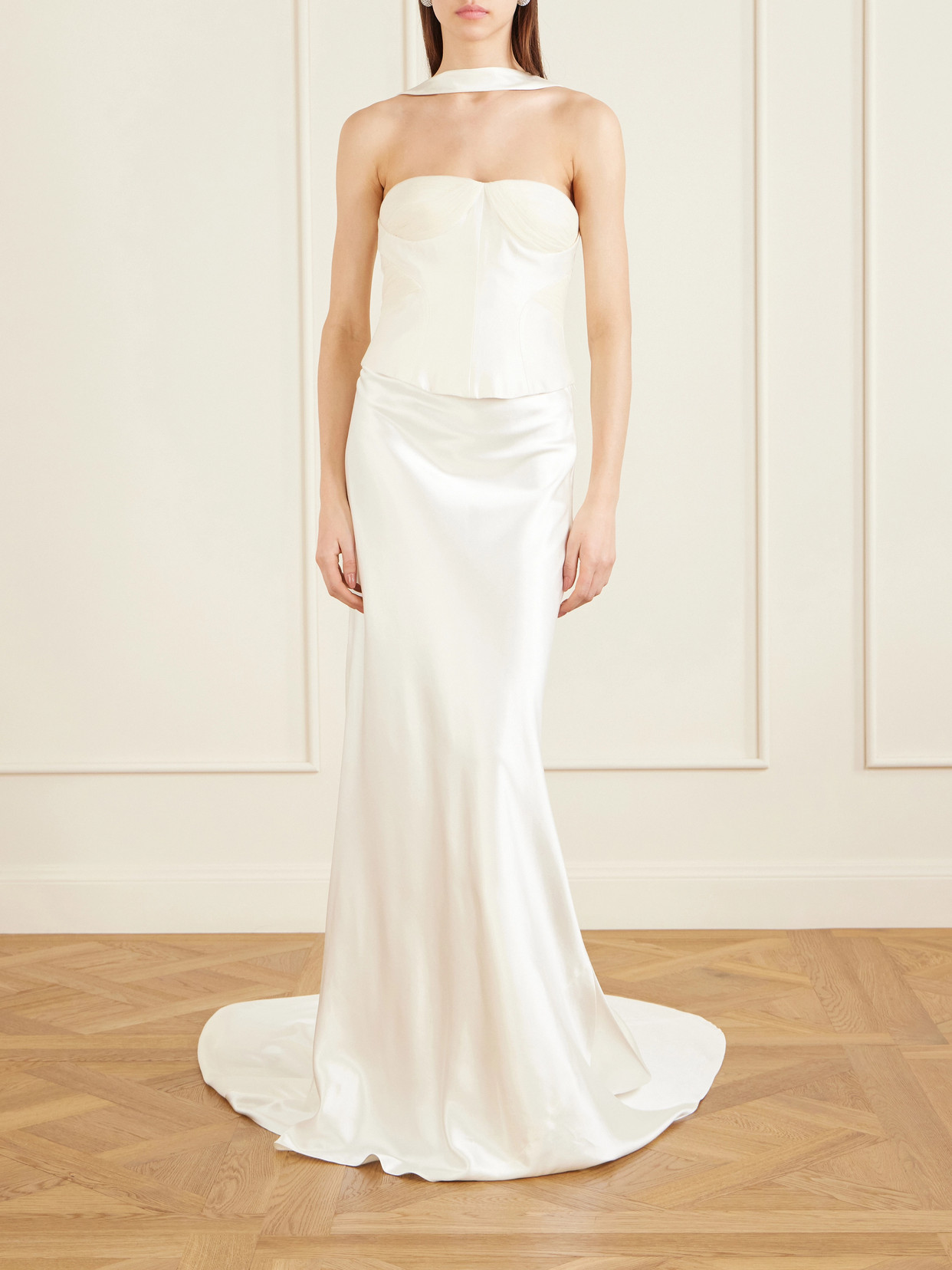 Viola Gathered Draped Tulle-Trimmed Wool And Silk-Blend Twill Top
