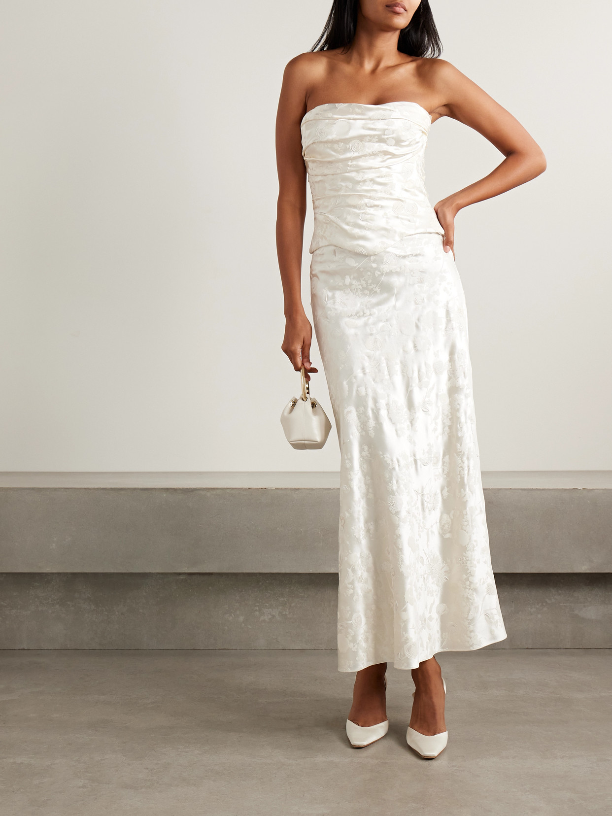 Danielle Frankel Demi Strapless Draped Painted Silk And Wool-blend Satin Bustier Top In White