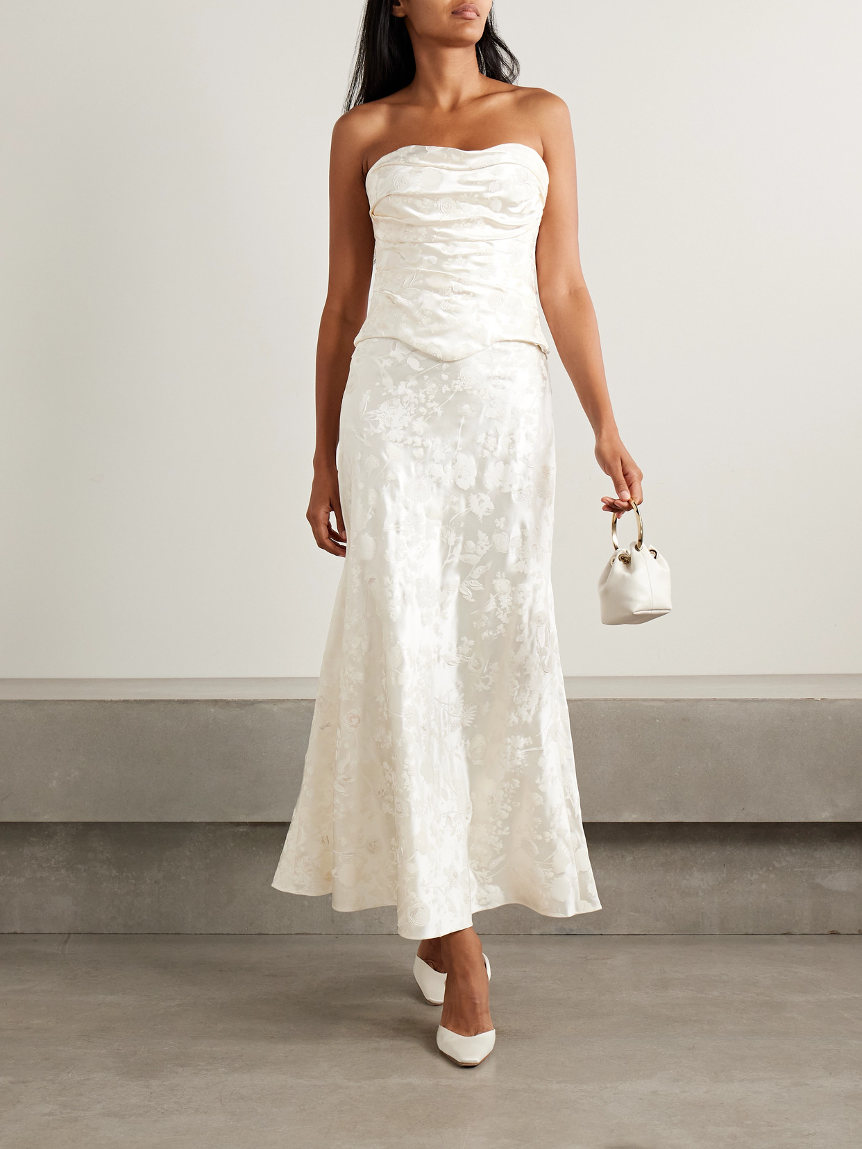 Danielle Frankel Desi Painted Silk And Wool-blend Satin Maxi Skirt In White