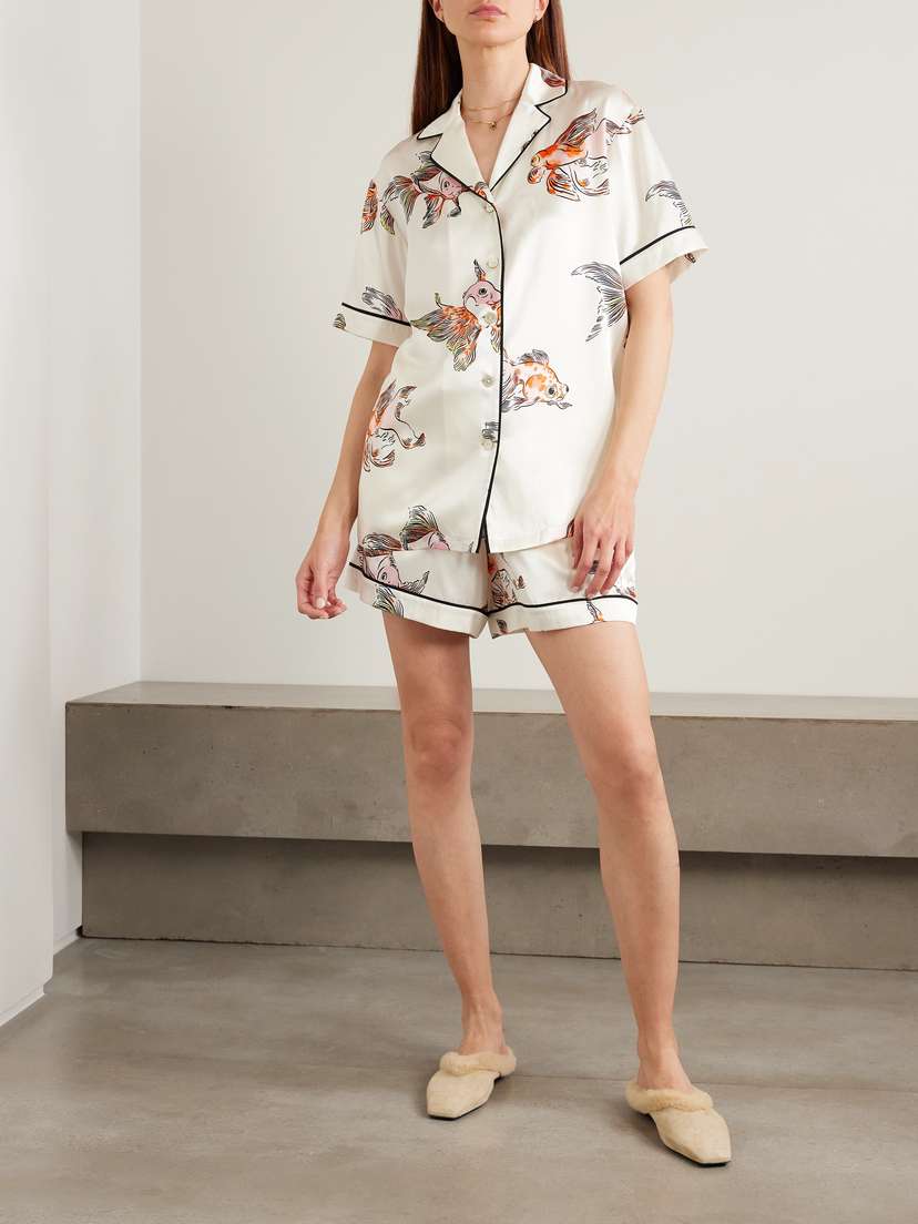 Olivia von Halle Ingo Printed Silk-satin Pajama Set - back view in White