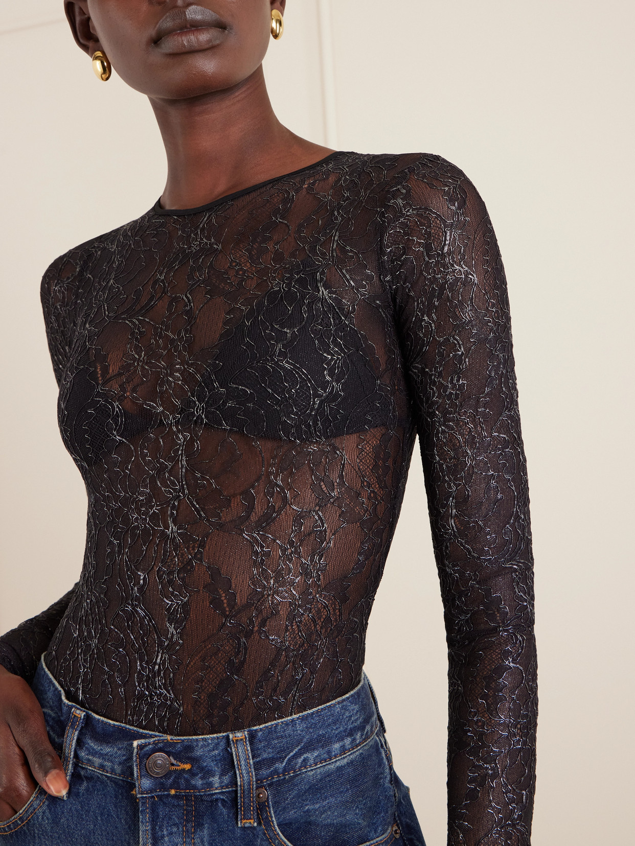 Wardrobe.nyc Metallic Lace Bodysuit In Black
