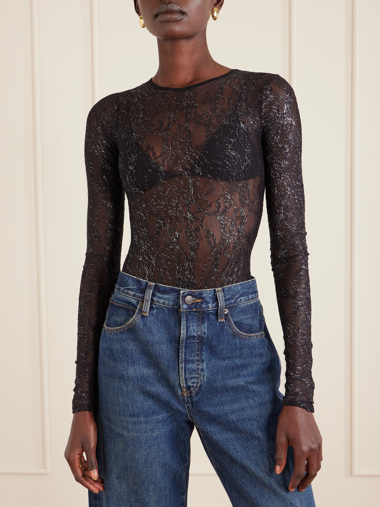 Wardrobe.nyc Metallic Lace Bodysuit In Black