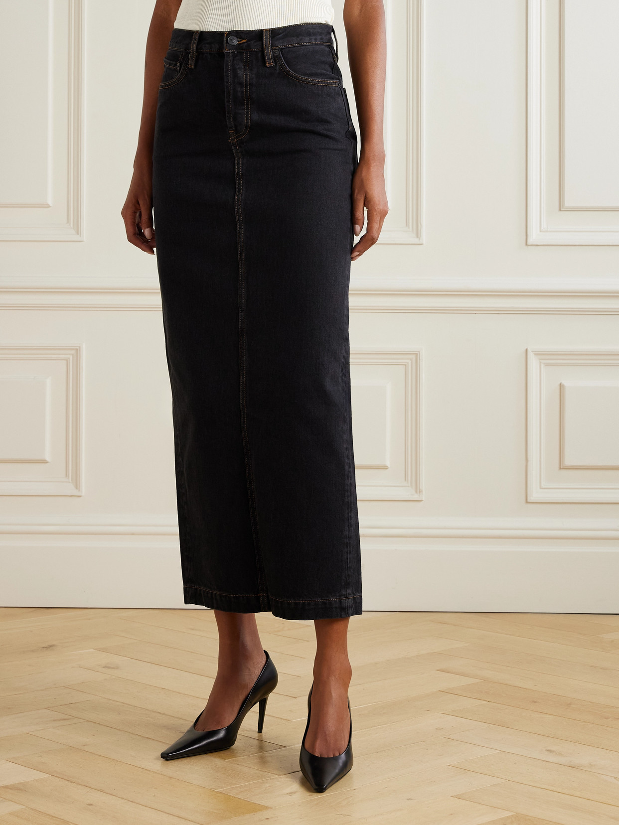 Wardrobe.nyc Black Denim Column Midi Skirt In Black
