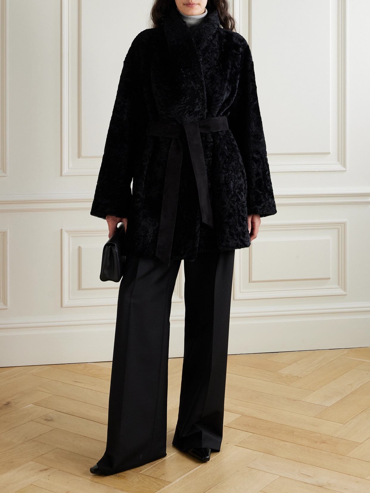 Tove Vanessa Belted Shearling Coat In Black