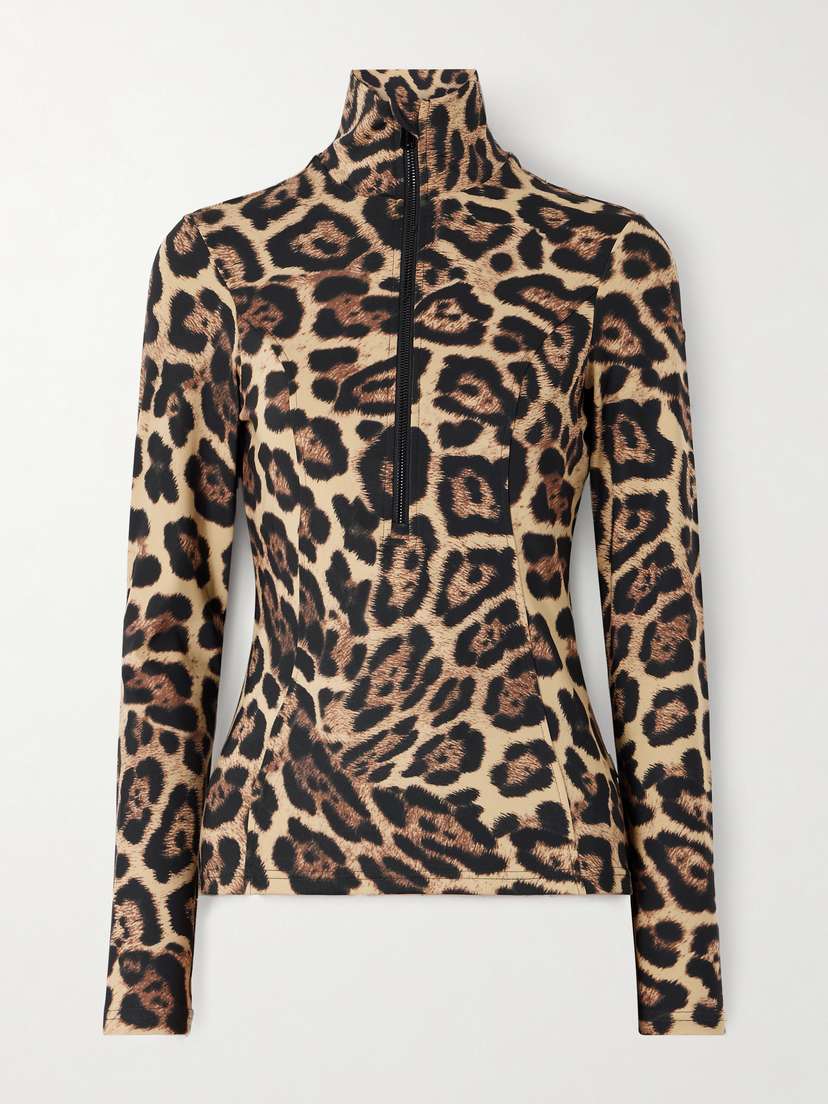 Goldbergh Leona Leopard-print Stretch Recycled-jersey Half-zip Top