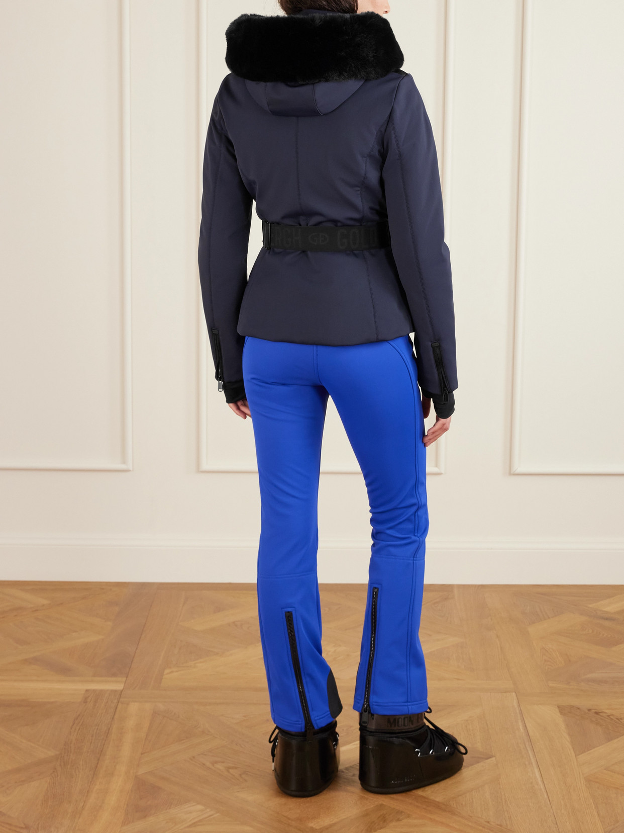 Goldbergh Hida Hooded Belted Plush-trimmed Padded Down Ski Jacket In Blue