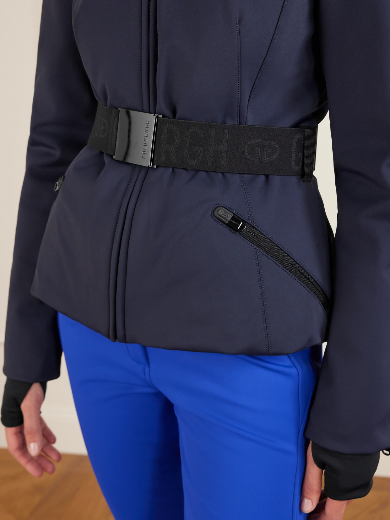 Goldbergh Hida Hooded Belted Plush-trimmed Padded Down Ski Jacket In Blue