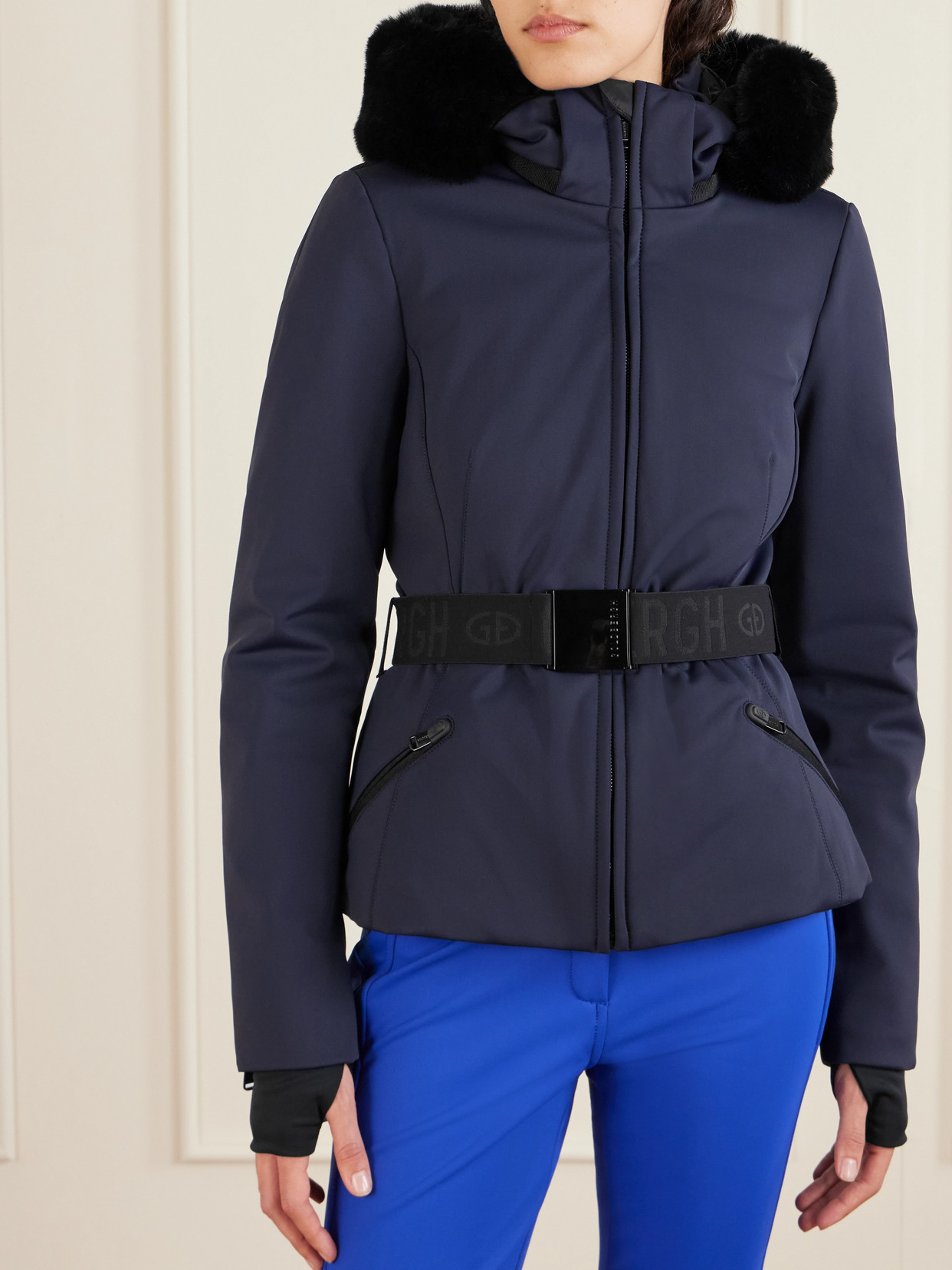 Goldbergh Hida Hooded Belted Plush-trimmed Padded Down Ski Jacket In Blue