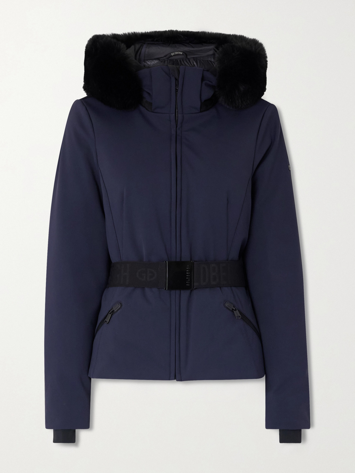 Goldbergh Hida Hooded Belted Plush-trimmed Padded Down Ski Jacket In Blue