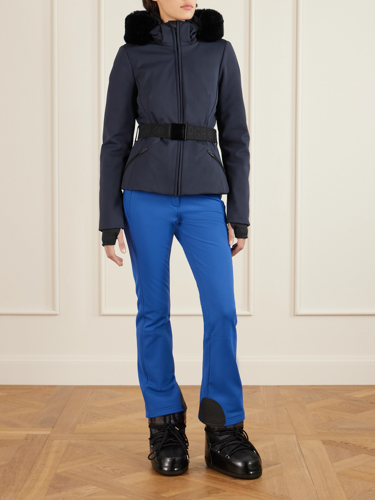 Goldbergh Hida Hooded Belted Plush-trimmed Padded Down Ski Jacket In Blue