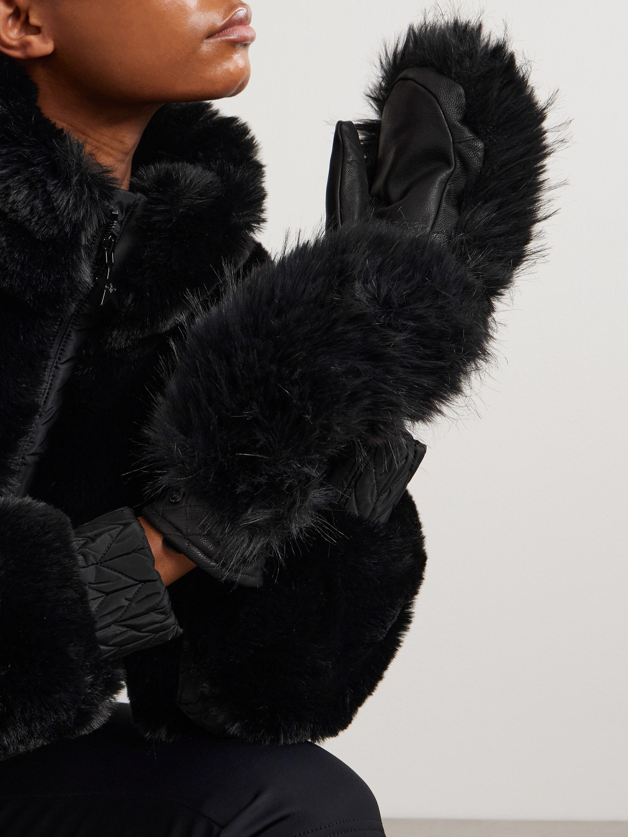 Goldbergh Hill Plush-trimmed Padded Leather Ski Gloves In Black