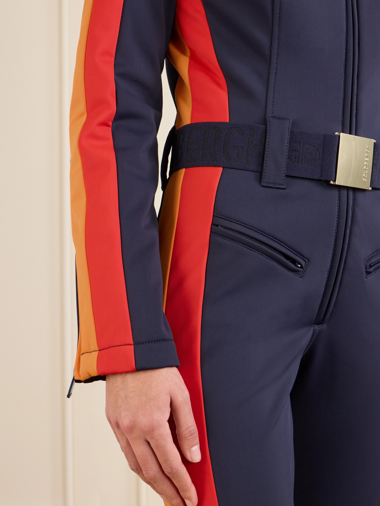 Goldbergh Suvi Belted Hooded Plush-trimmed Padded Down Ski Suit In Blue