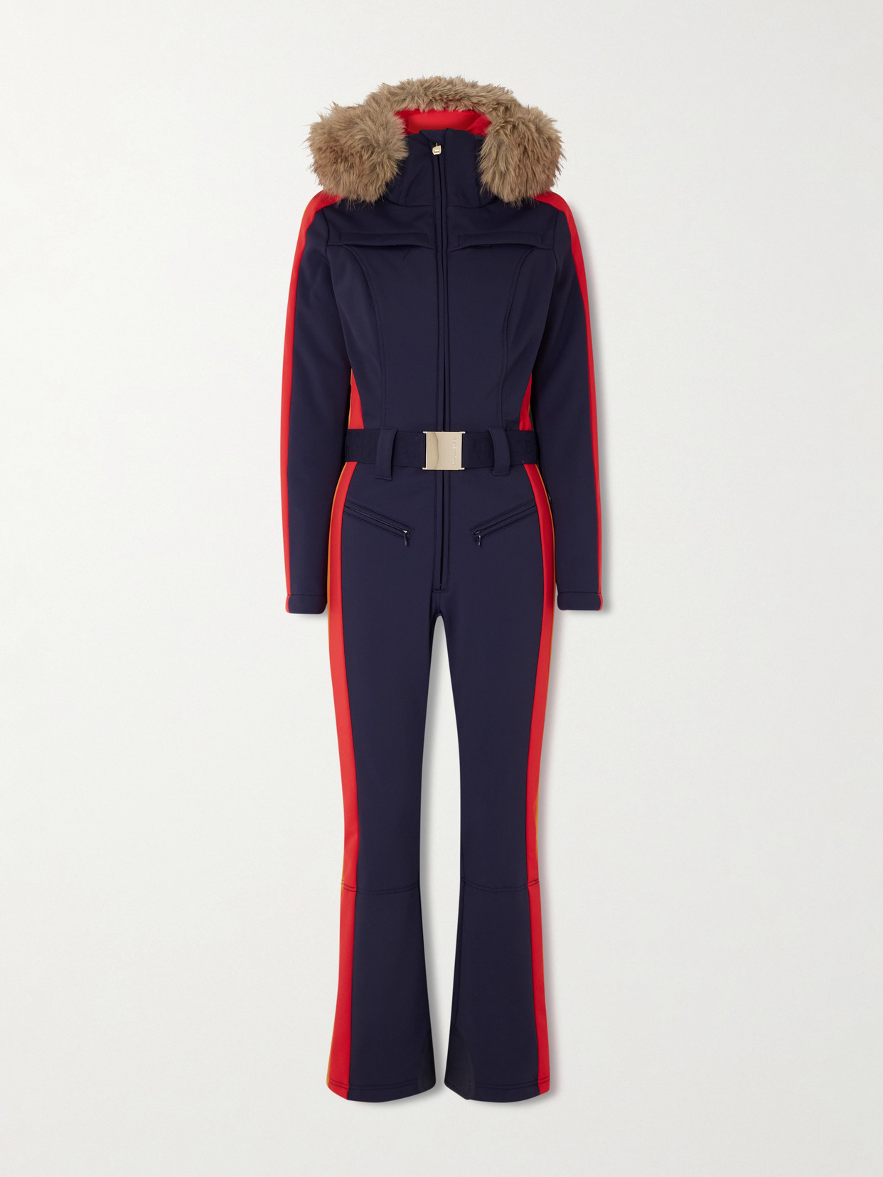 Goldbergh Suvi Belted Hooded Plush-trimmed Padded Down Ski Suit In Blue