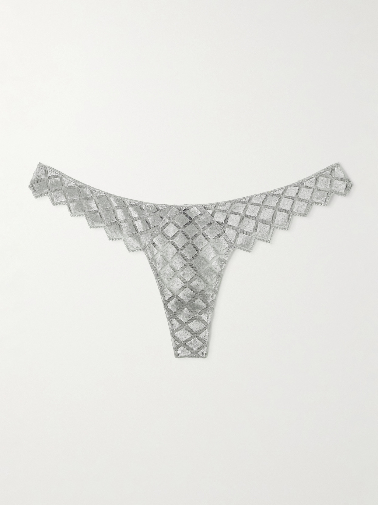 Kiki De Montparnasse Lamine Embroidered Stretch-silk Tulle Thong In Silver