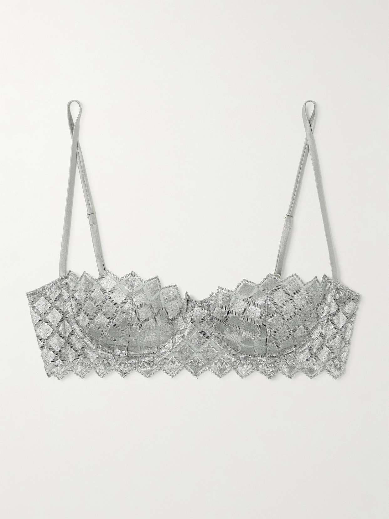 Kiki De Montparnasse Lamine Embroidered Silk-blend Tulle Underwired Balconette Bra In Silver