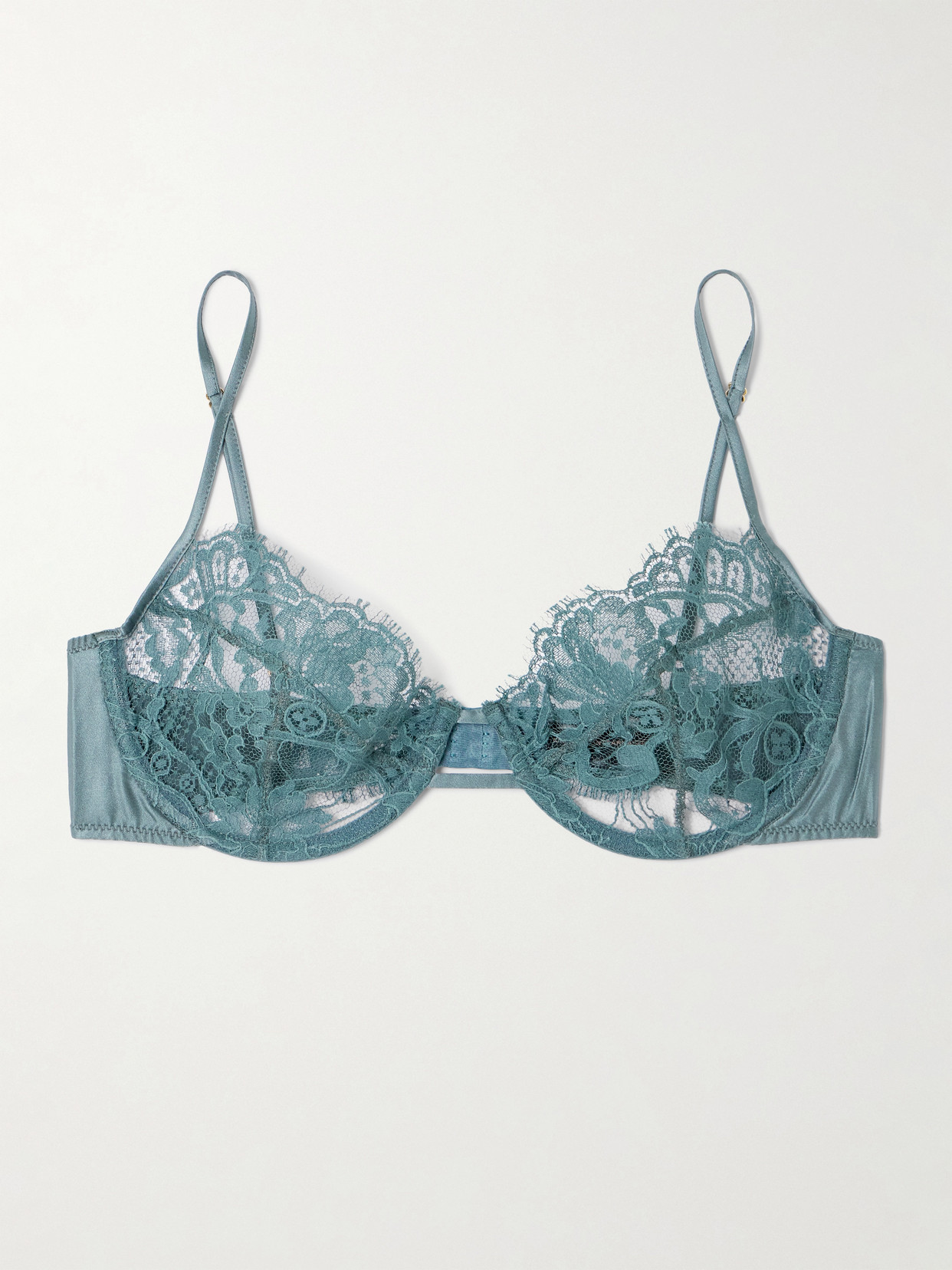 Kiki De Montparnasse Camille Stretch-silk Satin-trimmed Organic Cotton-lace Underwired Balconette Bra In Blue