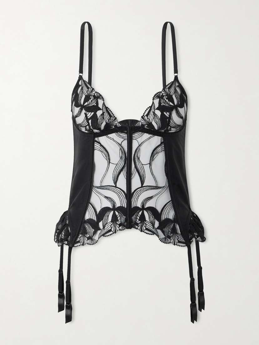 Kiki de Montparnasse Merry Widow Embroidered Tulle-paneled Stretch-silk Corset