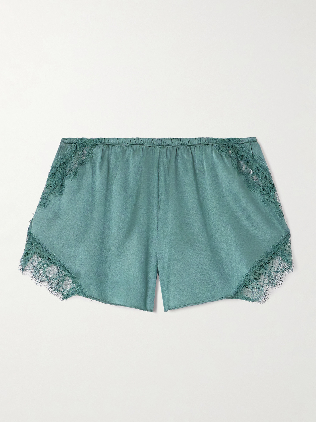 Kiki De Montparnasse Lace-trimmed Silk-satin Shorts In Blue
