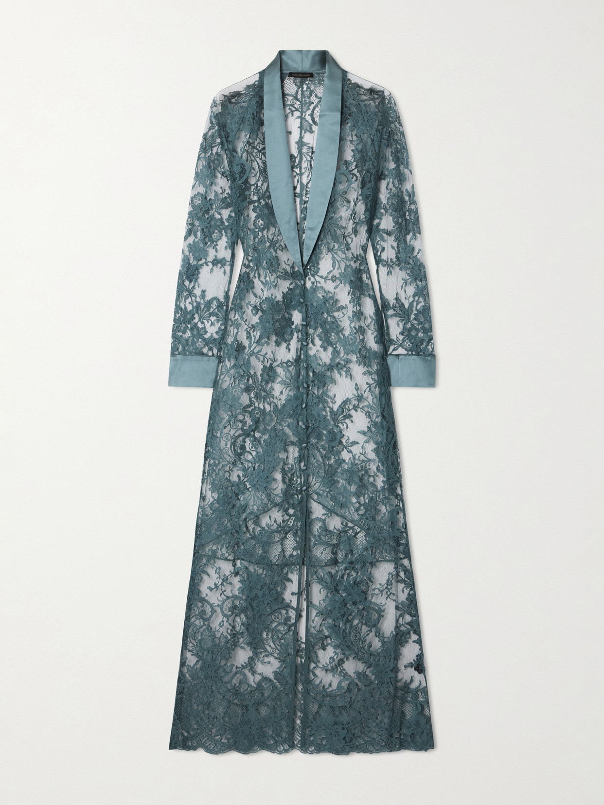 Kiki De Montparnasse Camille Silk Satin-trimmed Organic Cotton-blend Lace Robe In Blue