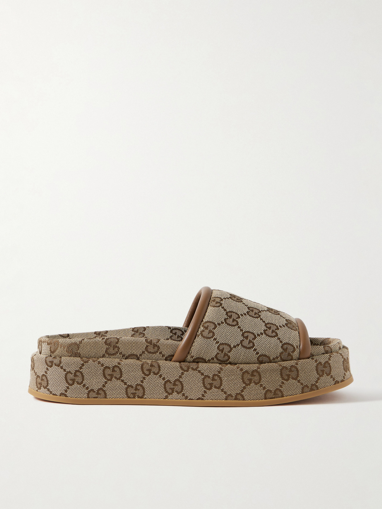 Gucci - Clarice Leather-trimmed Canvas-jacquard Platform Slides - Beige