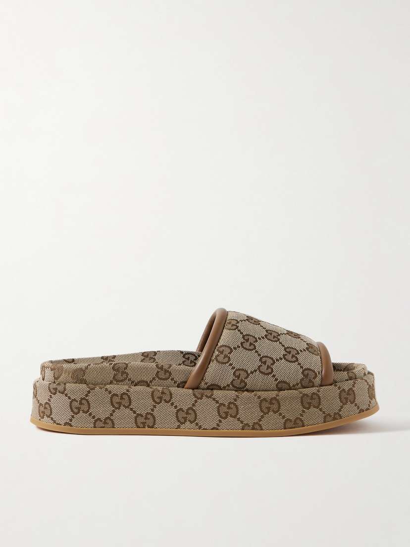 Gucci Clarice Leather-trimmed Canvas-jacquard Platform Slides