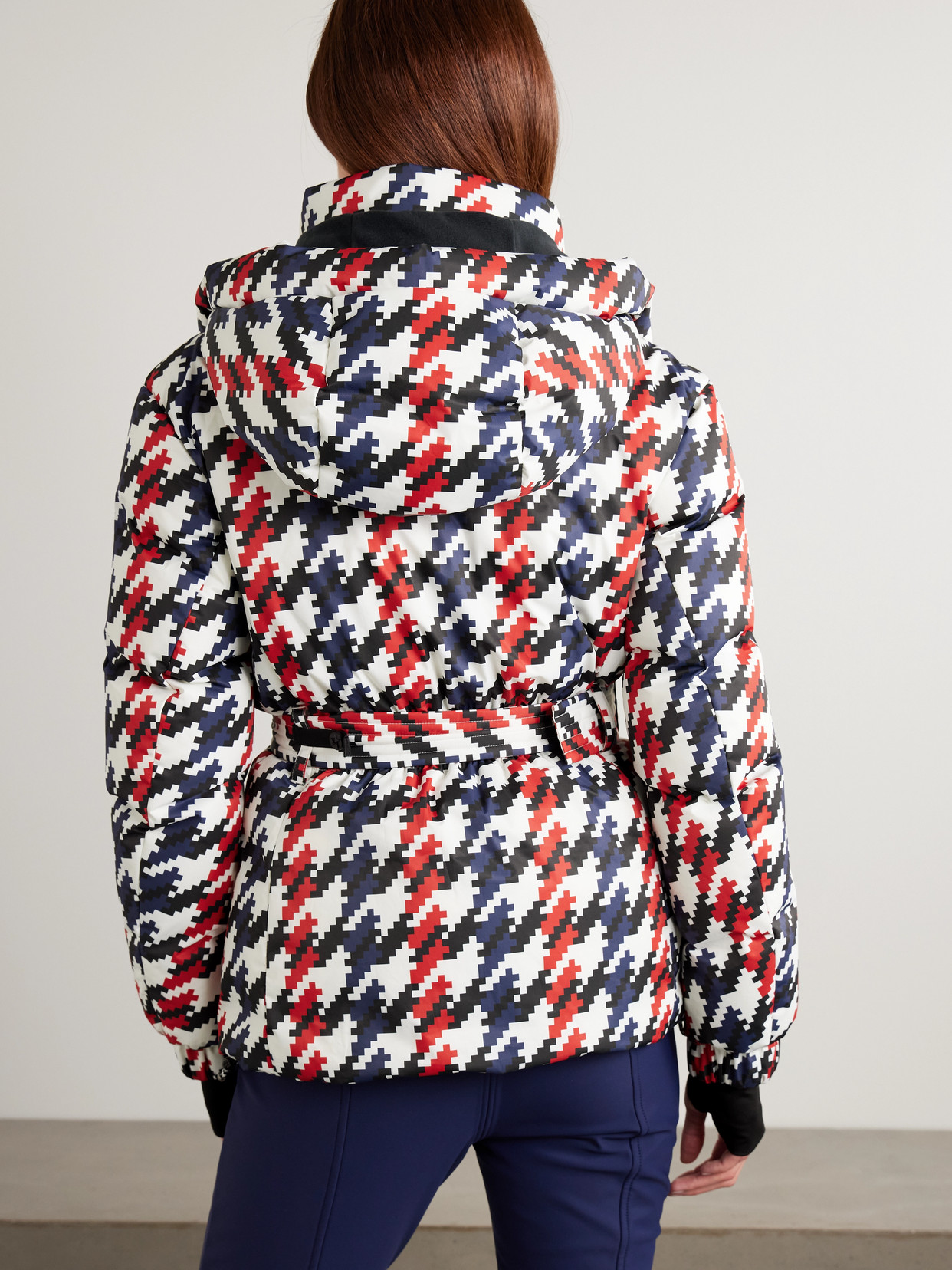 Perfect Moment Candice Hooded Belted Houndstooth Down Ski Jacket In Multi