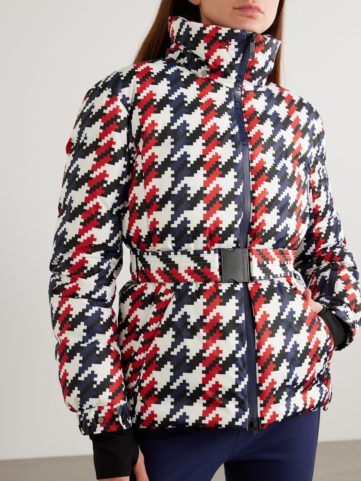 Perfect Moment Candice Hooded Belted Houndstooth Down Ski Jacket In Multi