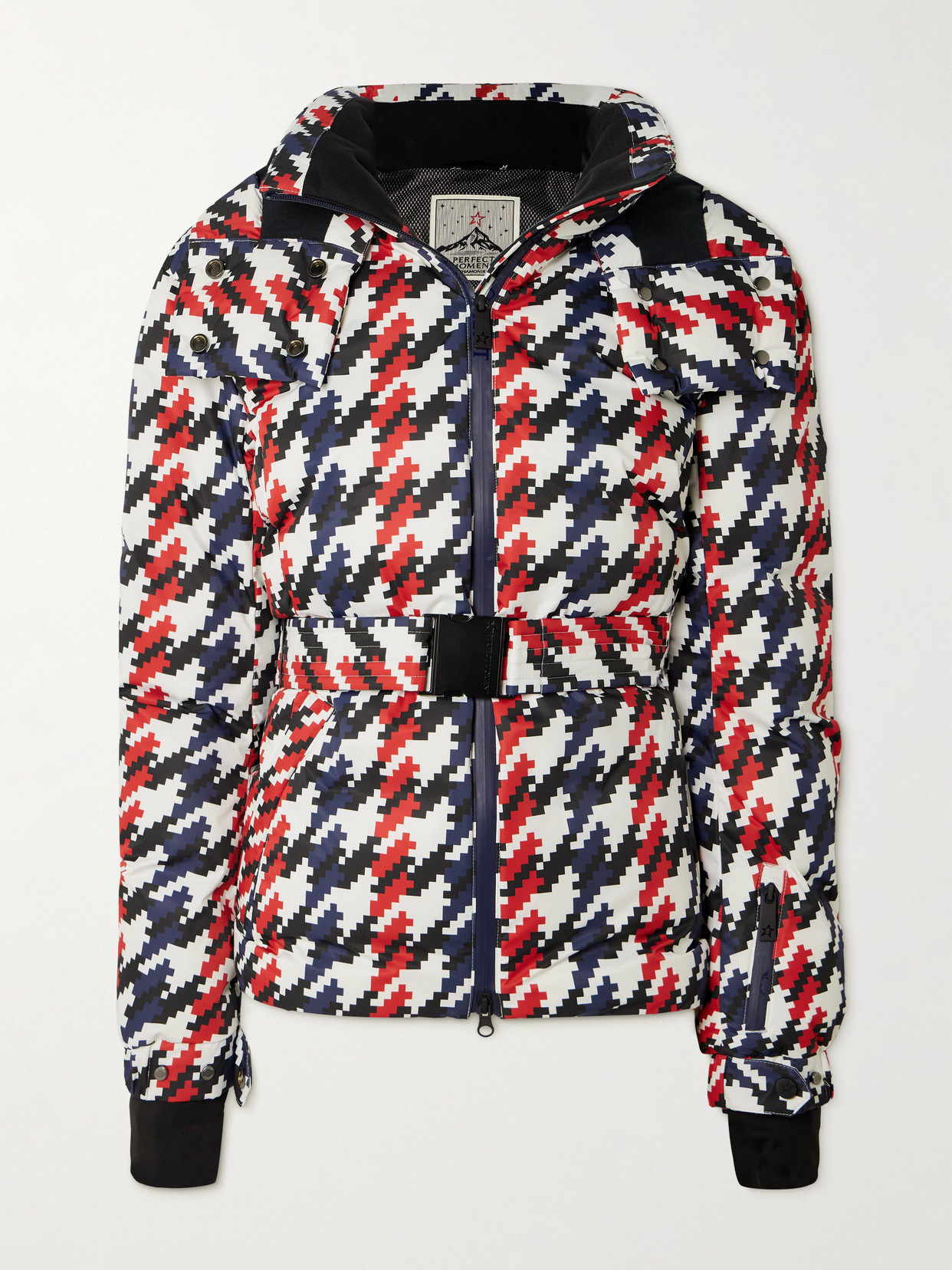 Perfect Moment Candice Hooded Belted Houndstooth Down Ski Jacket In Multi